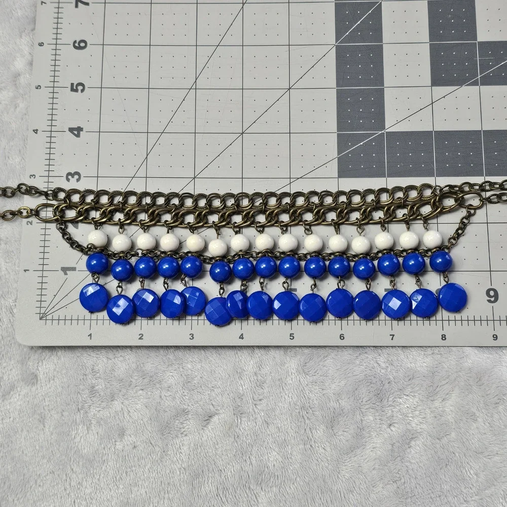 Nordstrom Brass Multi Chain Bib Necklace Royal Blue White Bead Statement 2010s